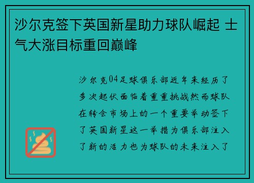 沙尔克签下英国新星助力球队崛起 士气大涨目标重回巅峰
