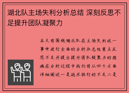 湖北队主场失利分析总结 深刻反思不足提升团队凝聚力