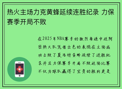 热火主场力克黄蜂延续连胜纪录 力保赛季开局不败