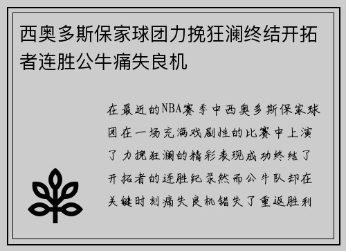 西奥多斯保家球团力挽狂澜终结开拓者连胜公牛痛失良机